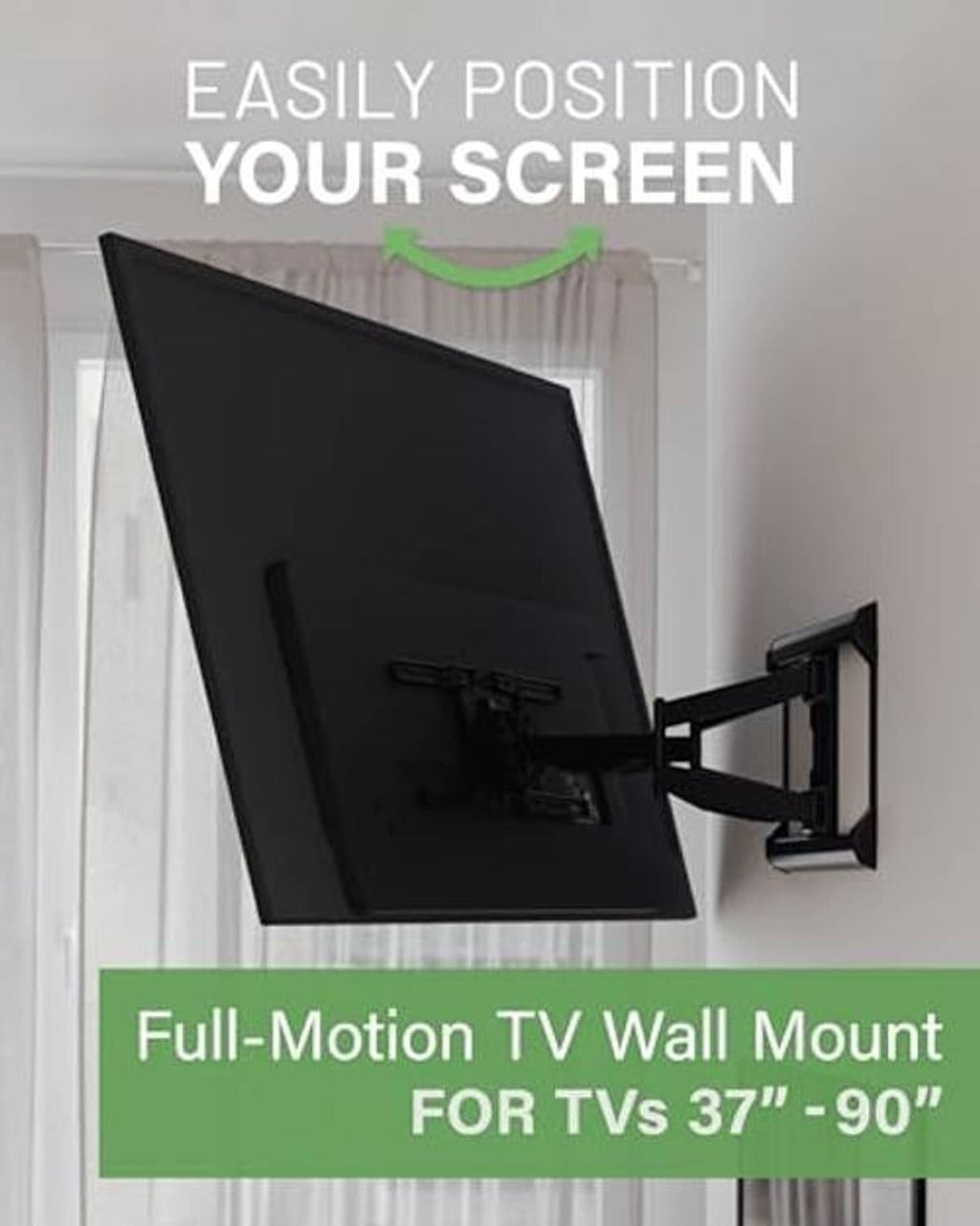 Black full-motion TV wall mount holding a TV panel tilted outward from wall