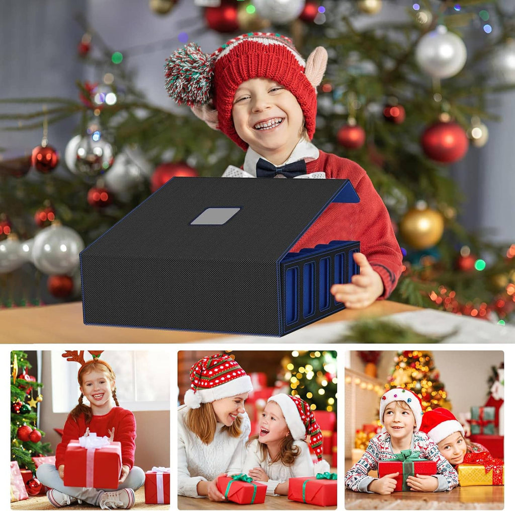 Blue trading card storage case held by a child, closed with magnetic lid