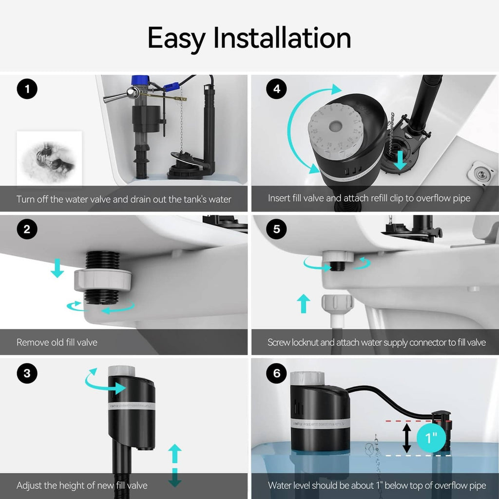 Quiet toilet fill valve installation steps with black valve body and refill clip