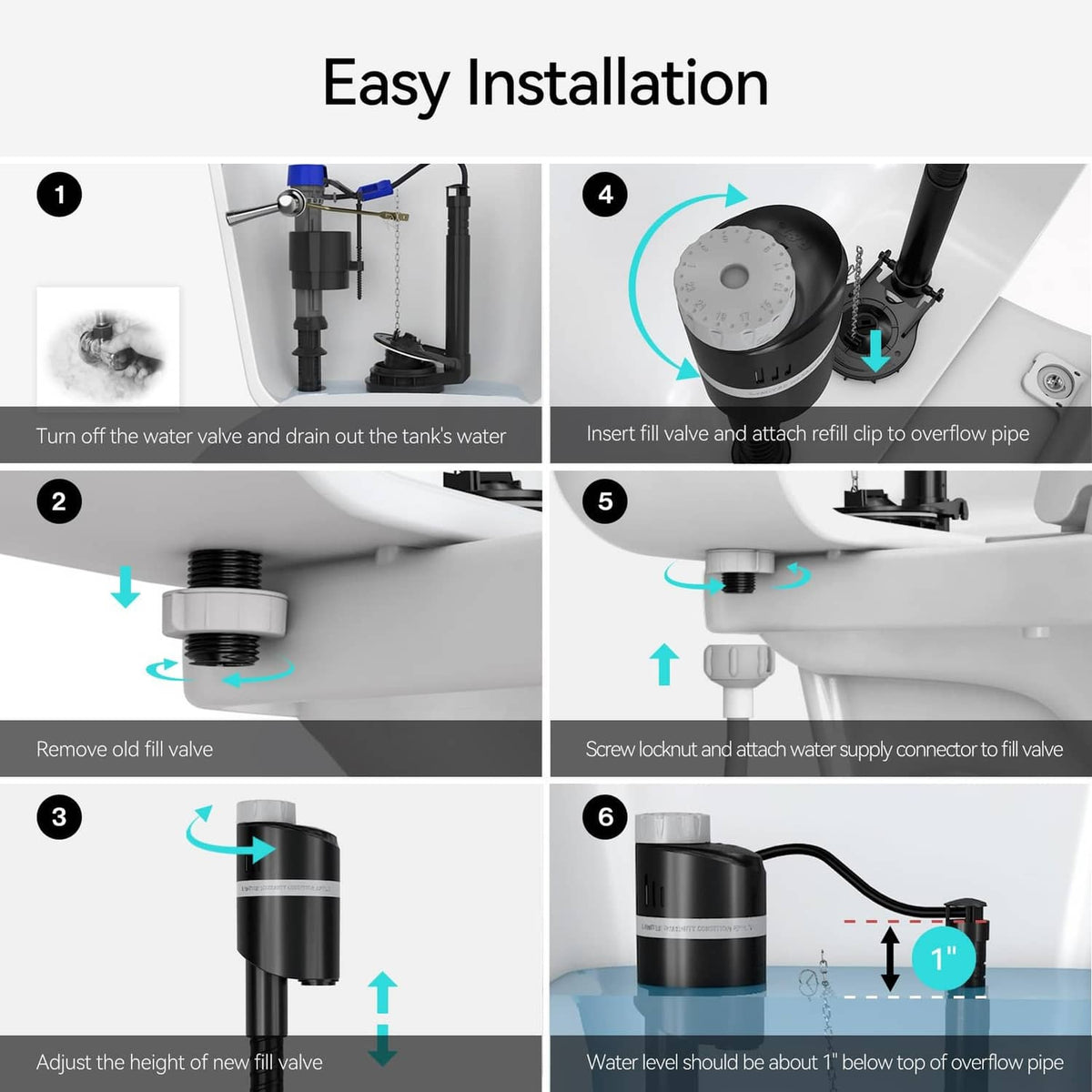 Quiet toilet fill valve installation steps with black valve body and refill clip