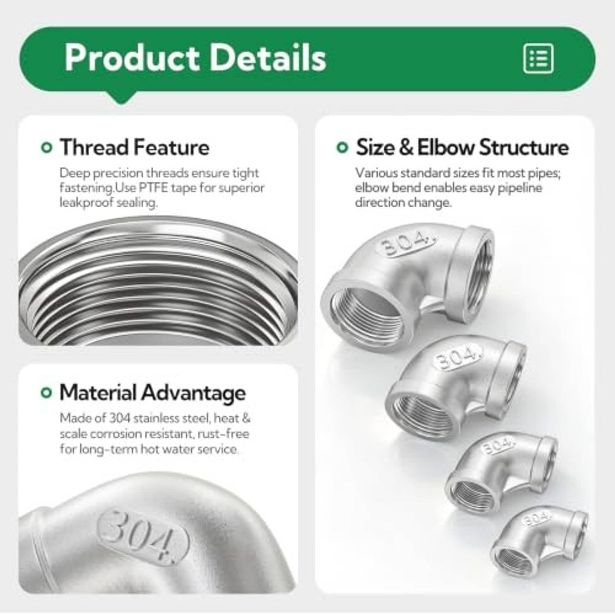 304 stainless steel 90-degree elbow fitting detail showing threaded end and elbow
