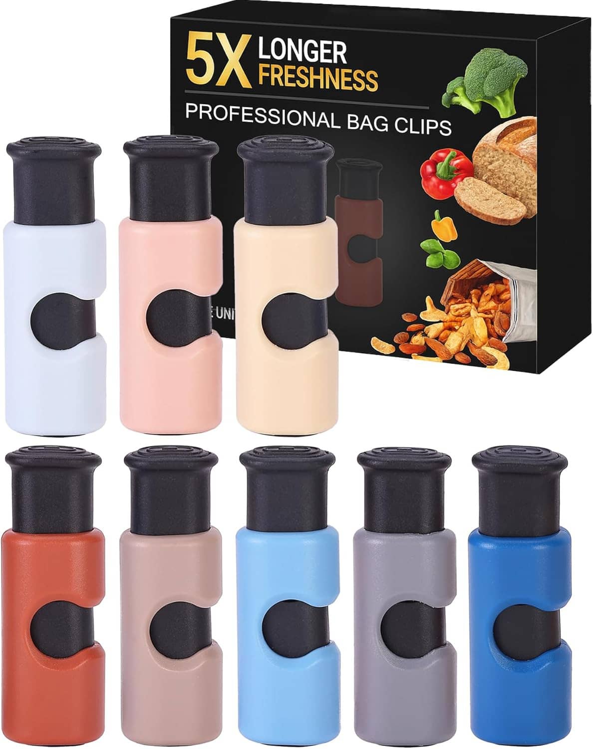 Assorted multicolor bread bag clips with dark squeeze-lock ends, set of clips