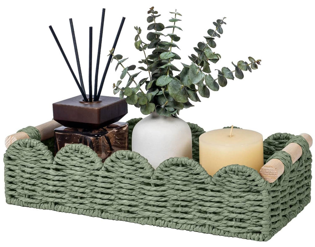Green woven toilet paper storage basket with side loop handles