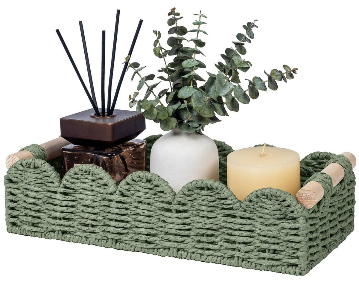 Green woven toilet paper storage basket with side loop handles