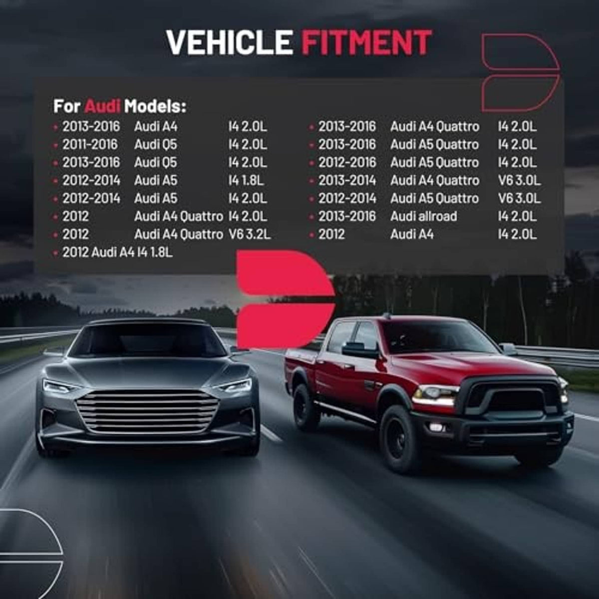 Vehicle fitment graphic for coolant expansion reservoir compatible with Audi models