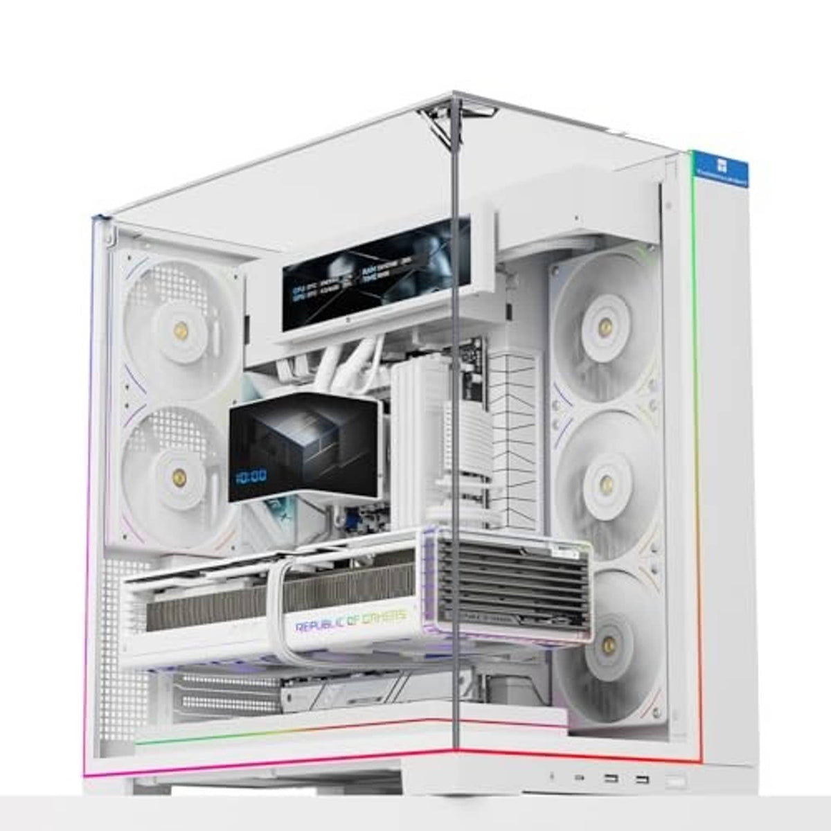 White ATX gaming PC case open front view with four fans and internal radiator area
