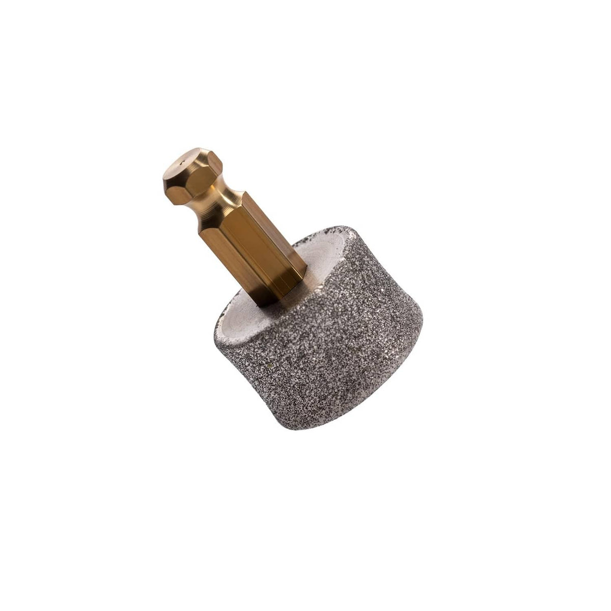 Diamond nail grinder head with gray textured pad and gold threaded holder, angled