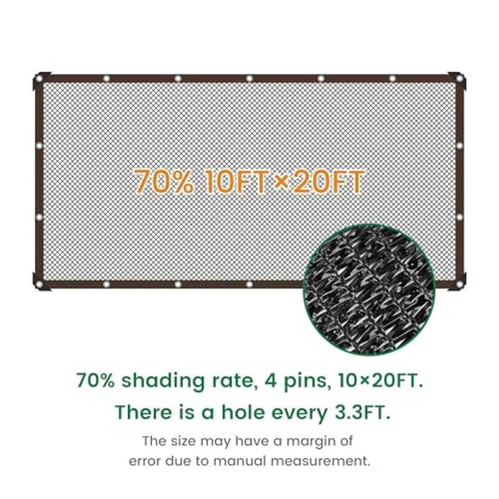 Black 70% shade cloth sheet with reinforced border and metal grommets, 10x20 ft