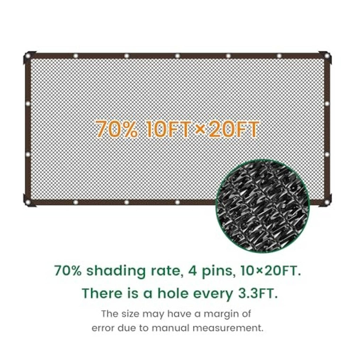 Black 70% shade cloth sheet with reinforced border and metal grommets, 10x20 ft