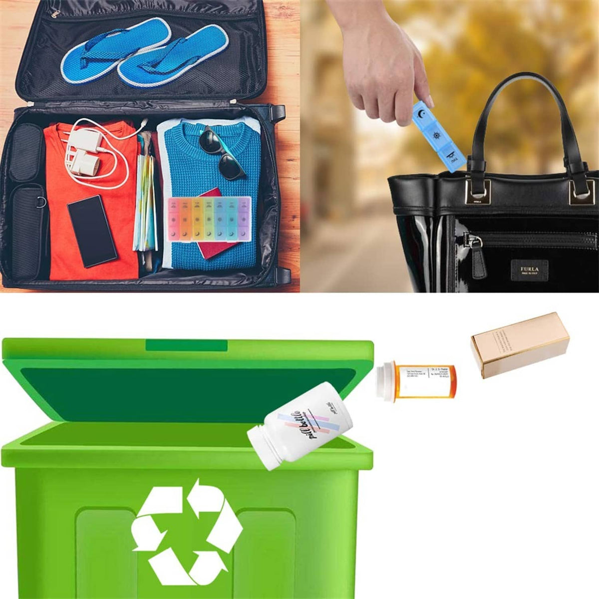 Colorful pill organizer trays beside a green recycling bin graphic