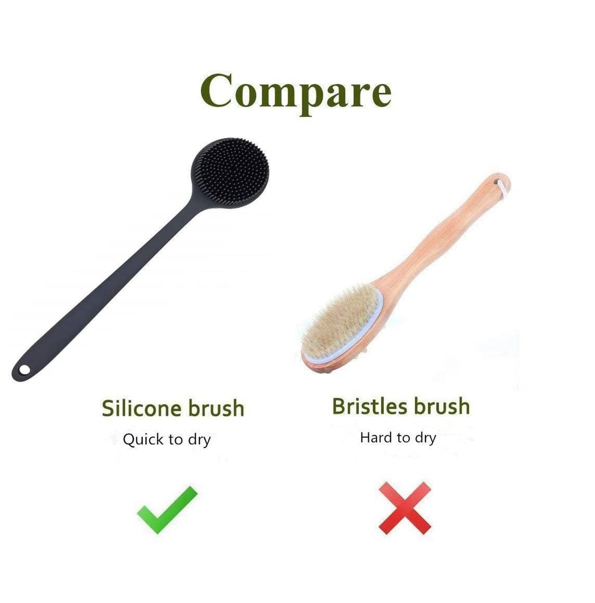 Black silicone body scrubber with long handle and round nubby head.