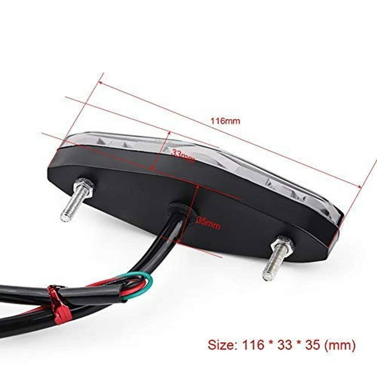 Black LED tail light housing with red lens and mounting bolts, wiring attached