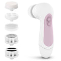 Waterproof facial cleansing spin brush with purple handle and five replaceable brush heads