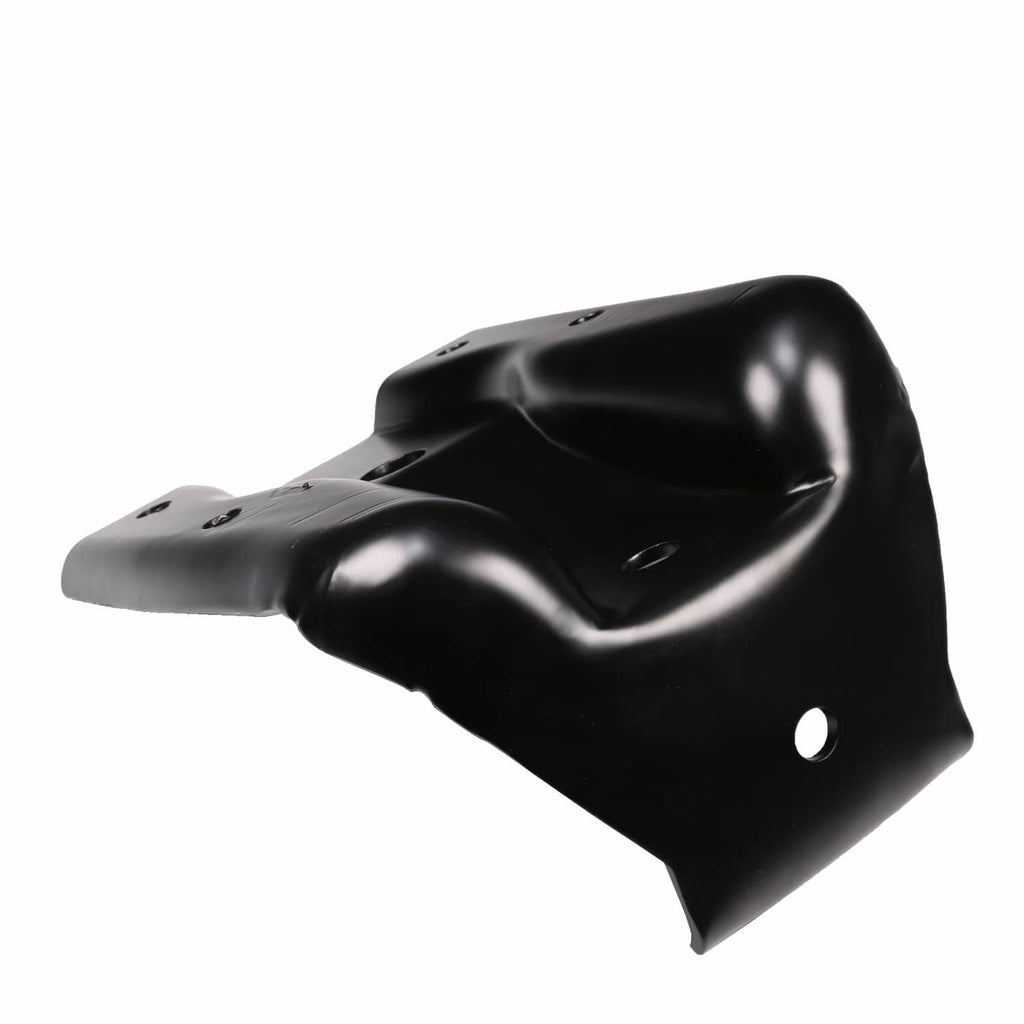 Black steel rear leaf spring hanger shackle bracket, low-angle view with mounting points