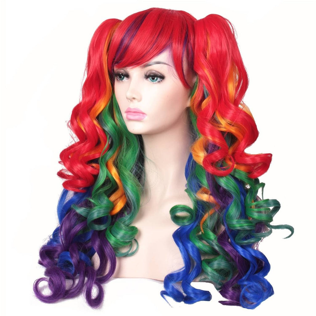 Rainbow long curly wig, red top with green, blue, and purple curls