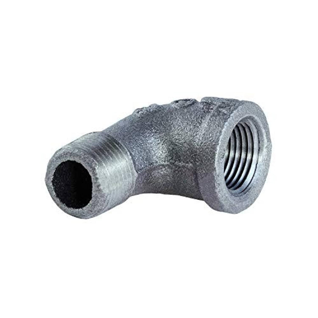Galvanized 90-degree street elbow fitting showing male threads and curved elbow, 1 in.
