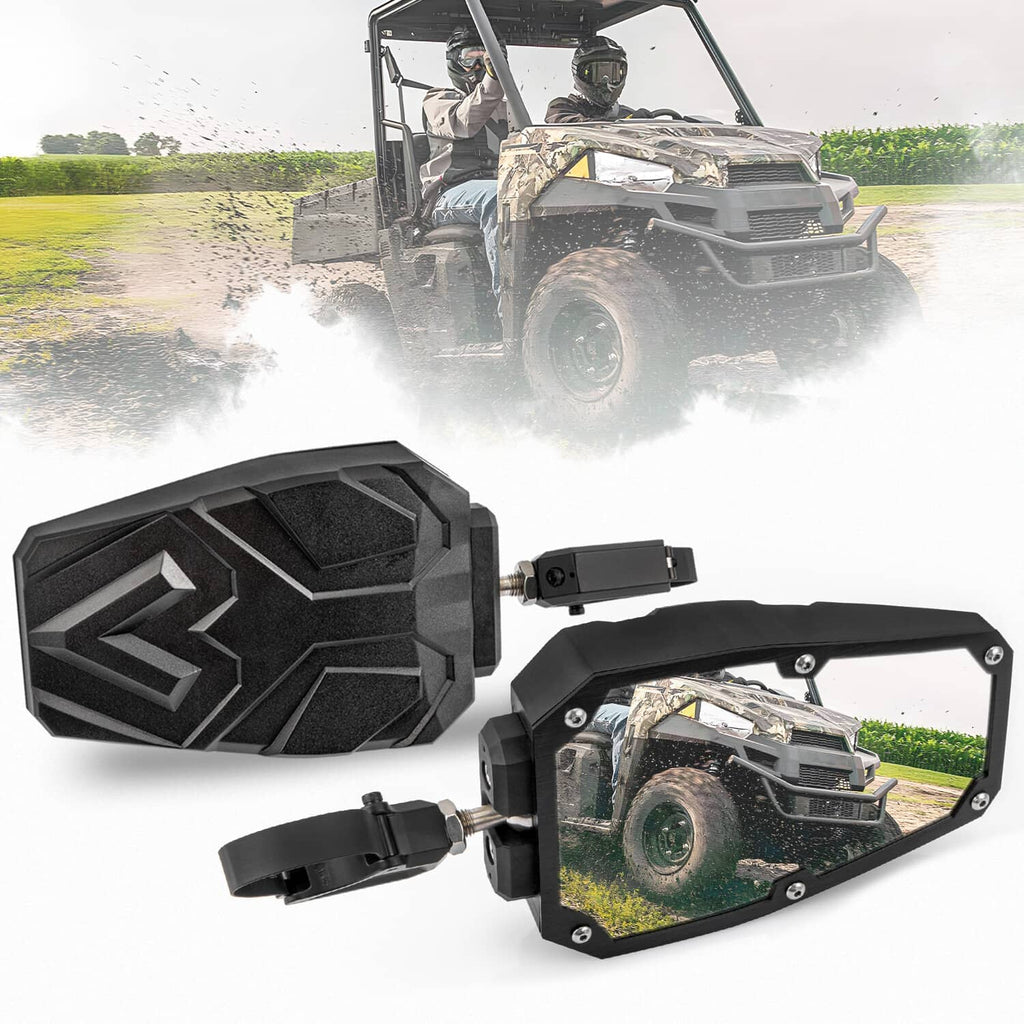 UTV side mirror pair with black housing and rectangular frame, shown with base