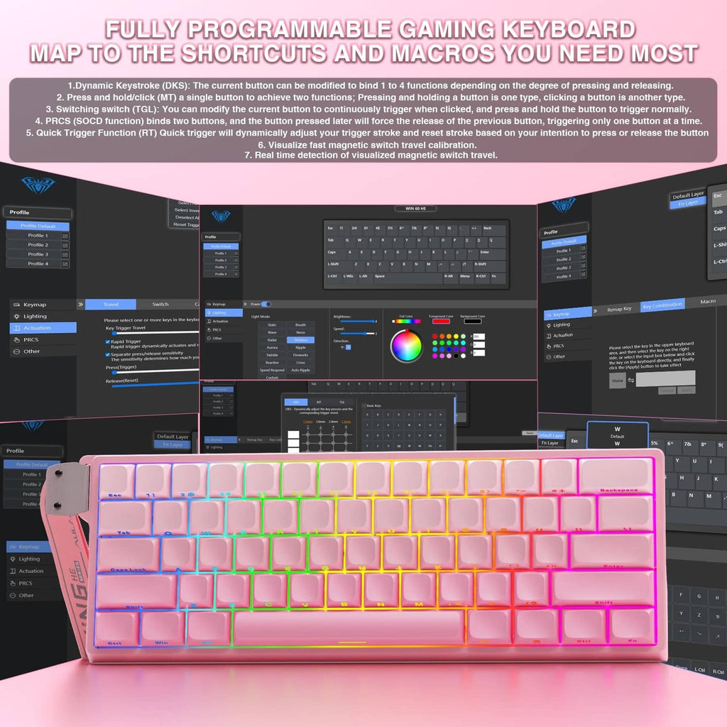 Pink mechanical gaming keyboard with RGB keys and programmable macro-ready layout