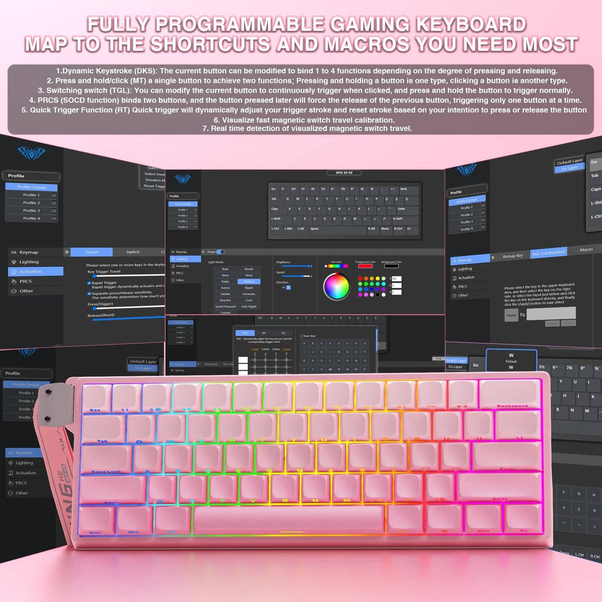 Pink mechanical gaming keyboard with RGB keys and programmable macro-ready layout