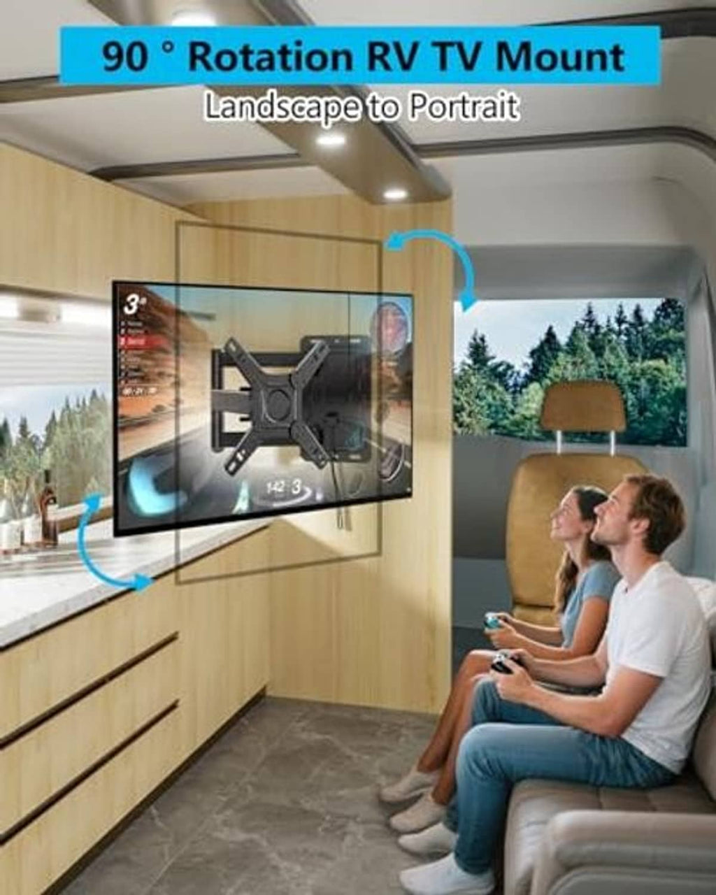 RV interior TV wall mount holding a flat TV screen with landscape to portrait rotation