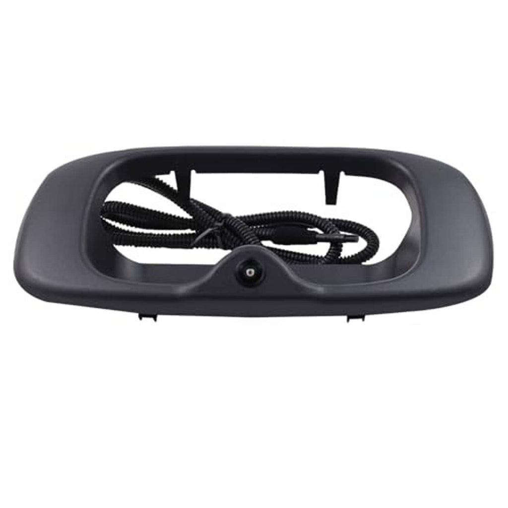 Black tailgate handle camera bezel with lens opening and bundled wiring inside