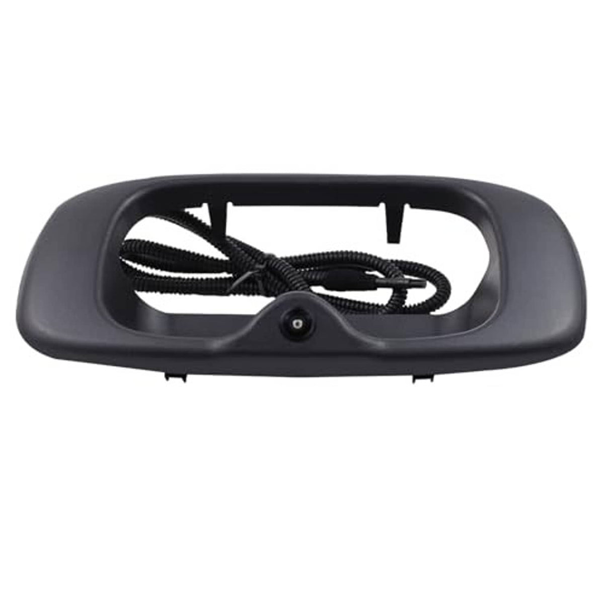 Black tailgate handle camera bezel with lens opening and bundled wiring inside