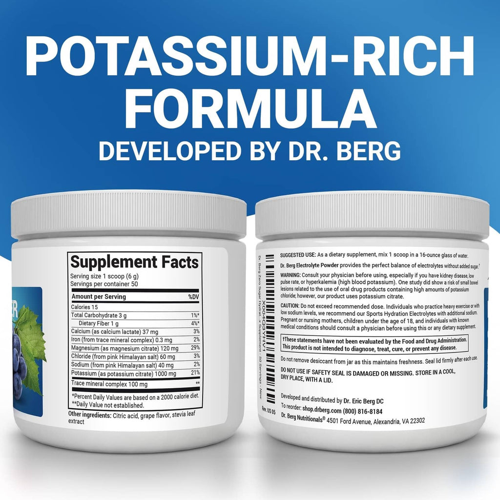Dr. Berg electrolyte powder container showing back label and supplement facts panel.