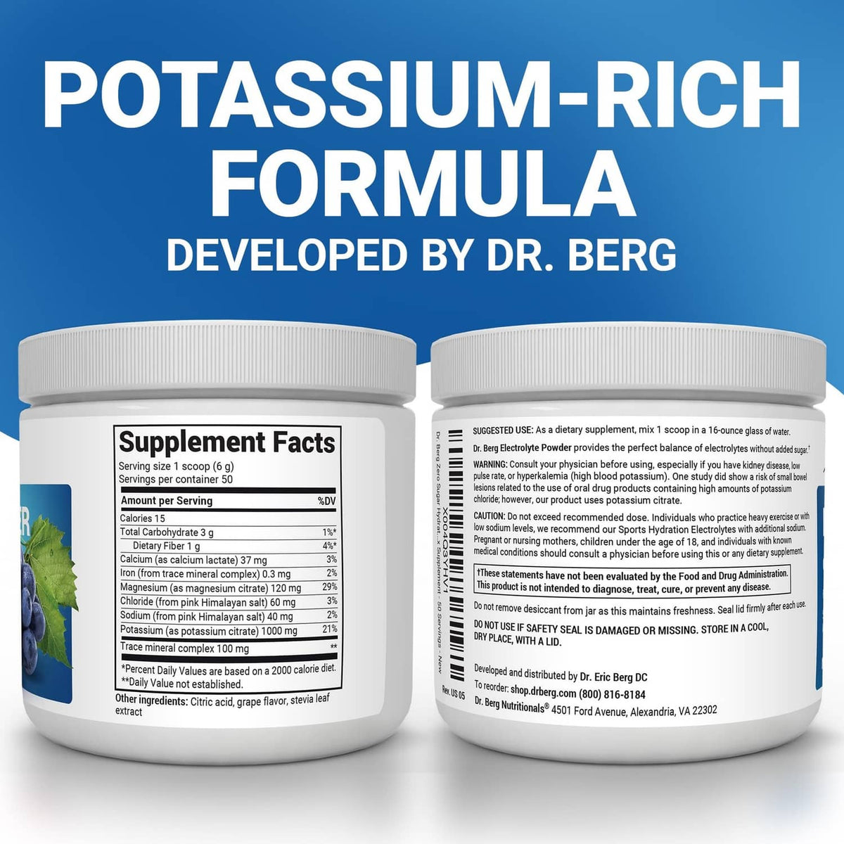 Dr. Berg electrolyte powder container showing back label and supplement facts panel.