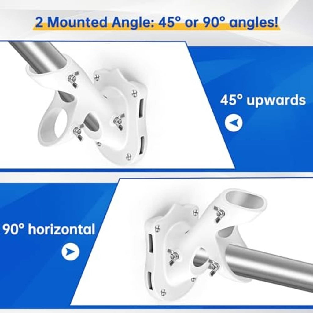 White flag pole mount hardware with angled brackets and base plate for 45/90