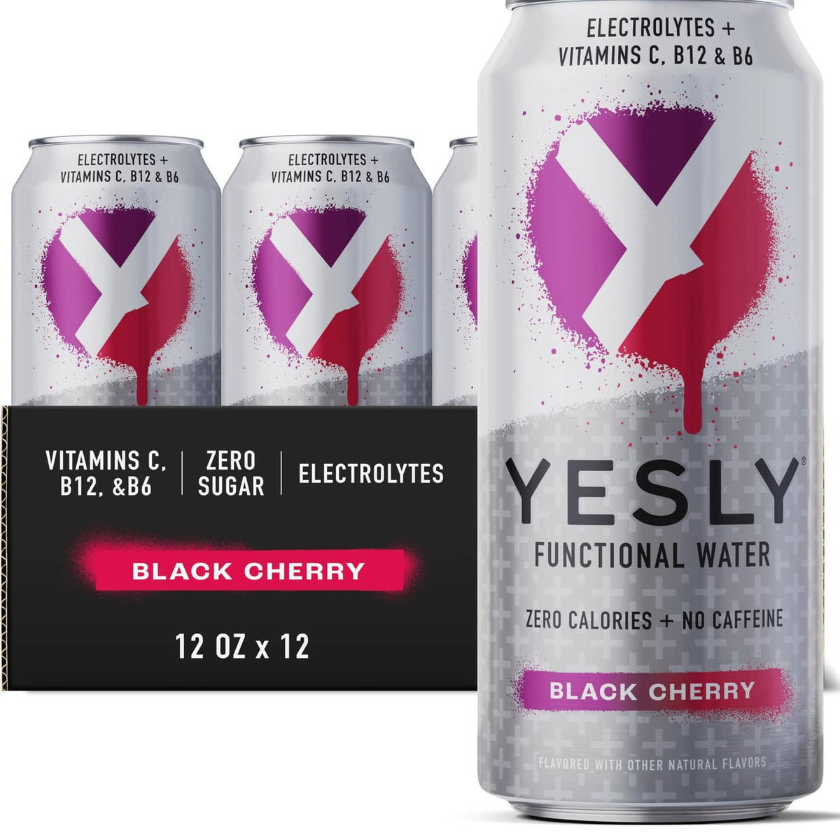 Functional water can pack in Black Cherry, zero sugar, electrolytes and vitamins, 12-pack
