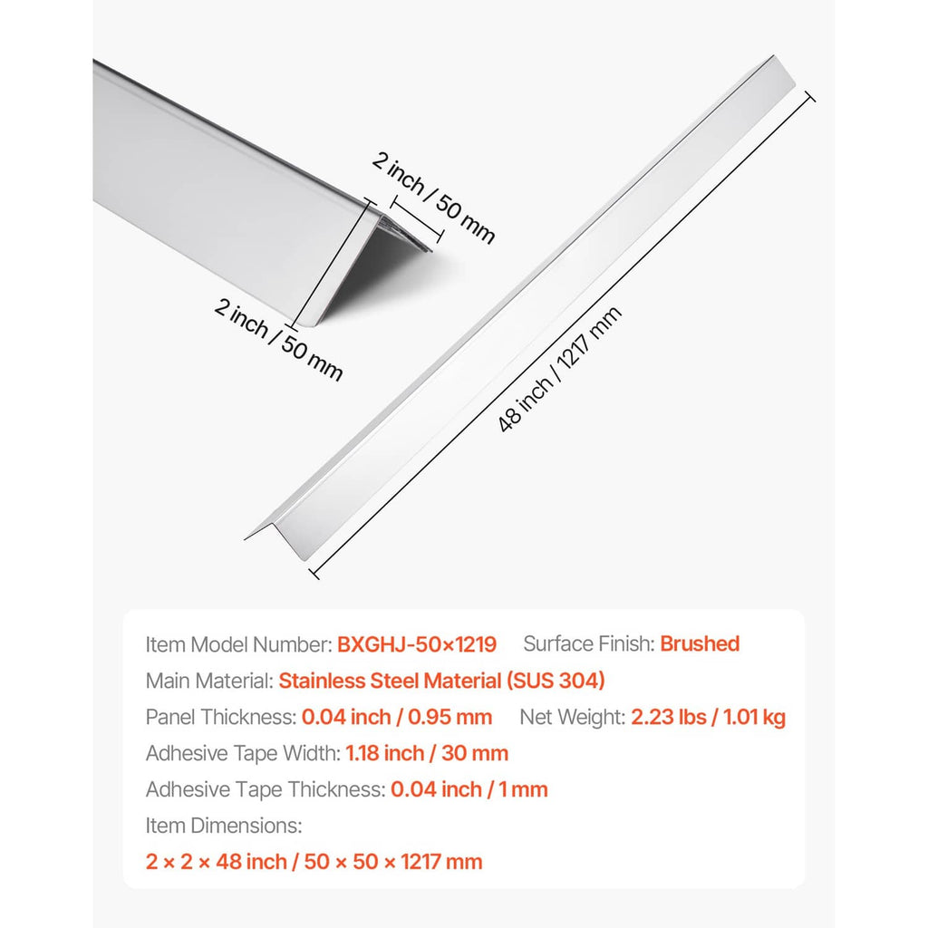 Brushed stainless steel corner guard, 2x2 in profile, 48 in length, self-adhesive