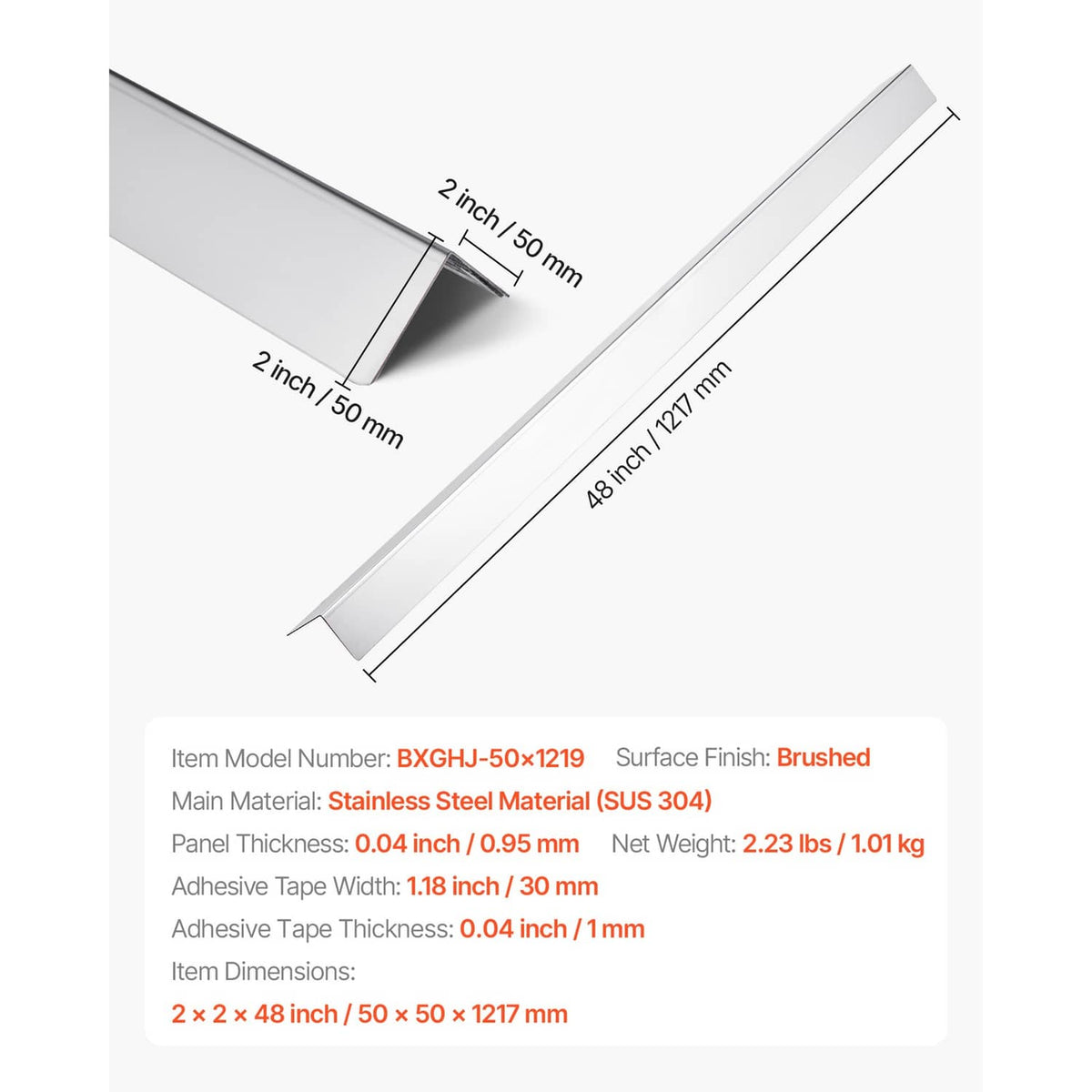 Brushed stainless steel corner guard, 2x2 in profile, 48 in length, self-adhesive