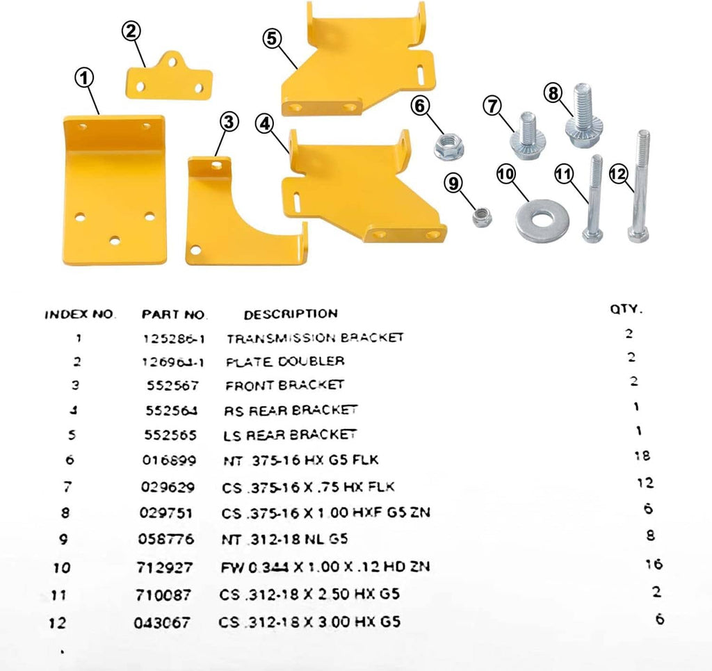 Yellow transmission bracket set with labeled parts and included screws, bolts, washers, nuts
