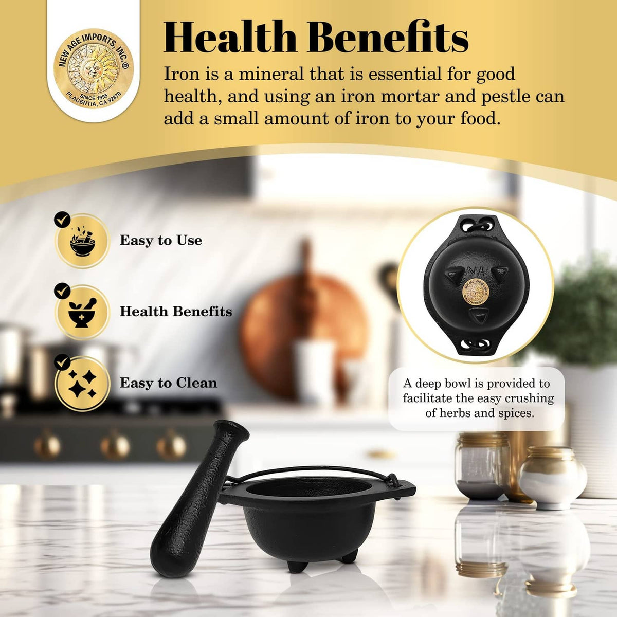 Small black cast iron cauldron mortar with pestle, compact design