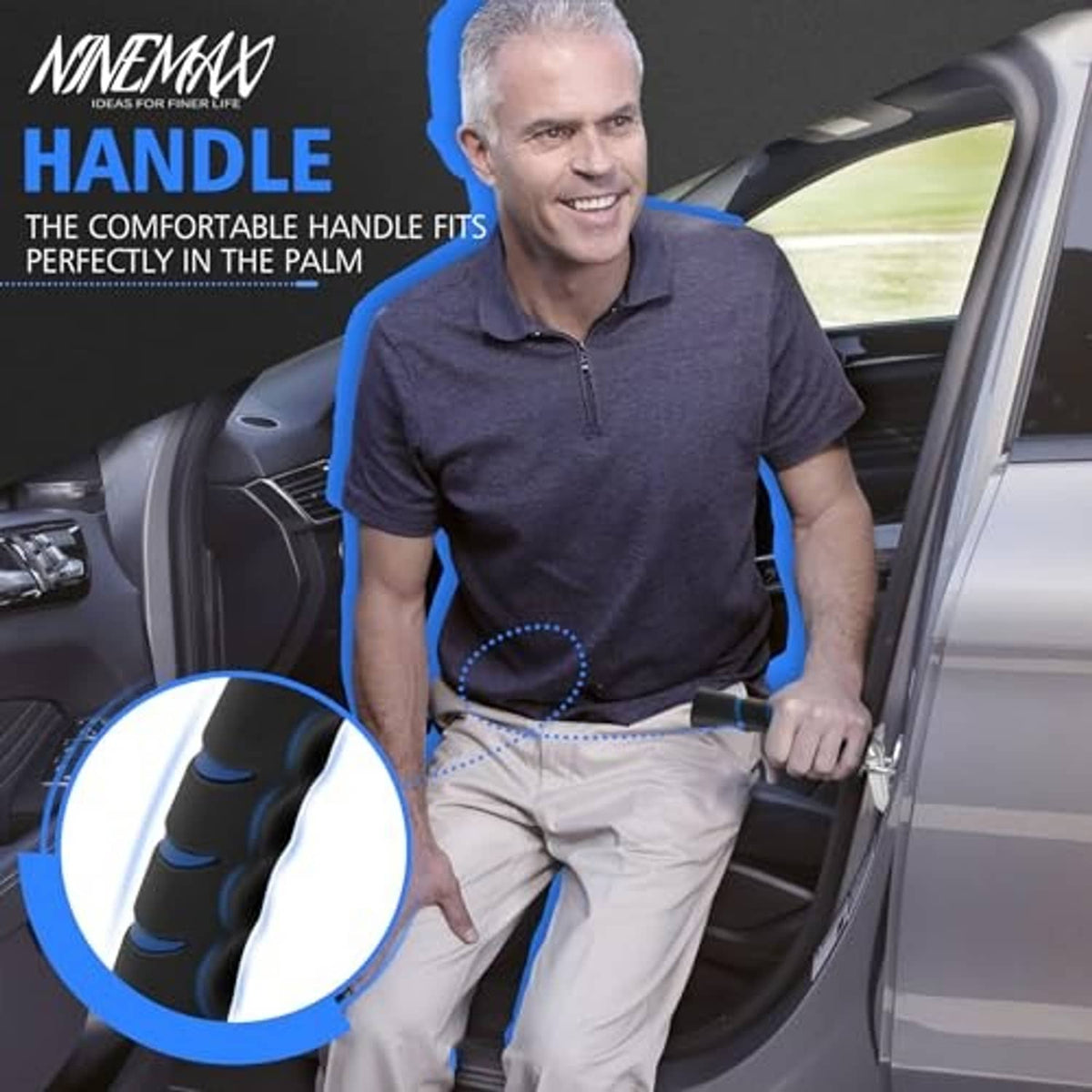 Car door handle assist grip on a car door, black rubber with blue accent bands