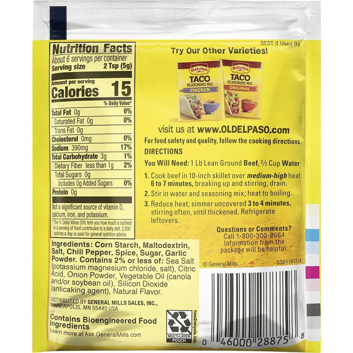 Old El Paso taco seasoning mix pouch, nutrition facts and cooking directions