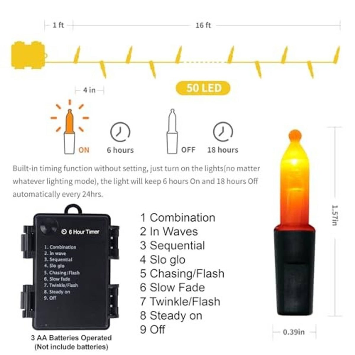 Orange mini LED bulb on string with black 6-hour timer control box