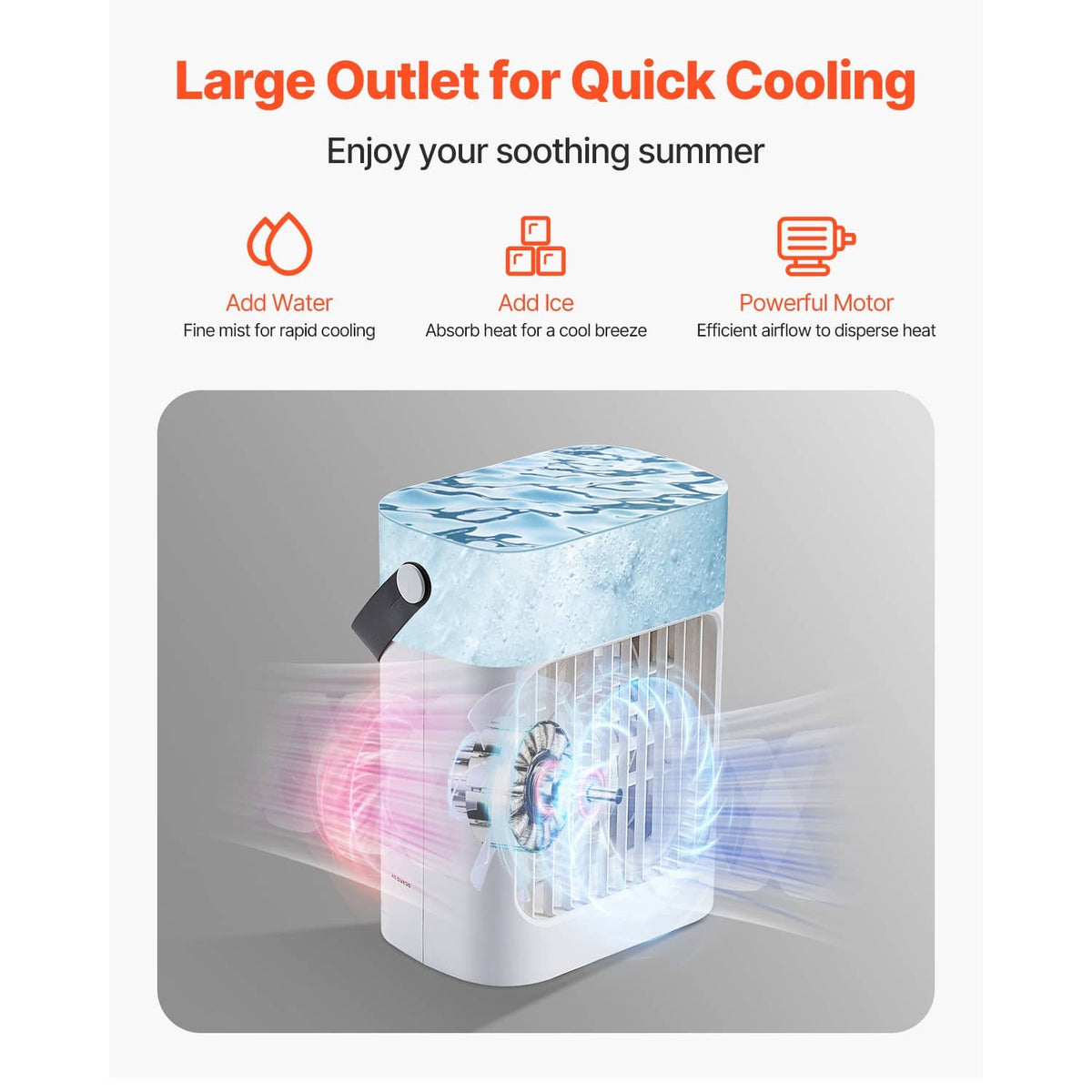 Portable evaporative air cooler with top cooling tank and front grille, ice-and-water concept