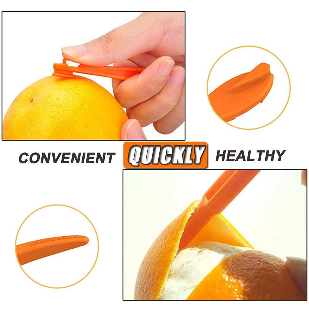Orange peeler tool in bright orange plastic, hand peeling an orange skin.