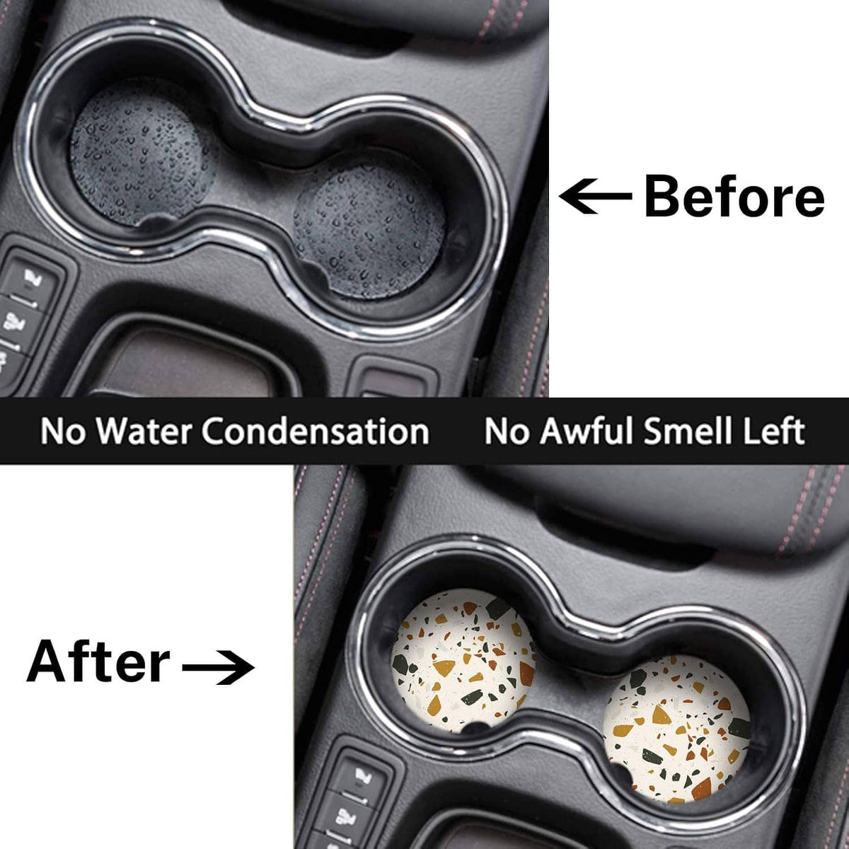 Ceramic stone coasters in car cup holders with speckled tops