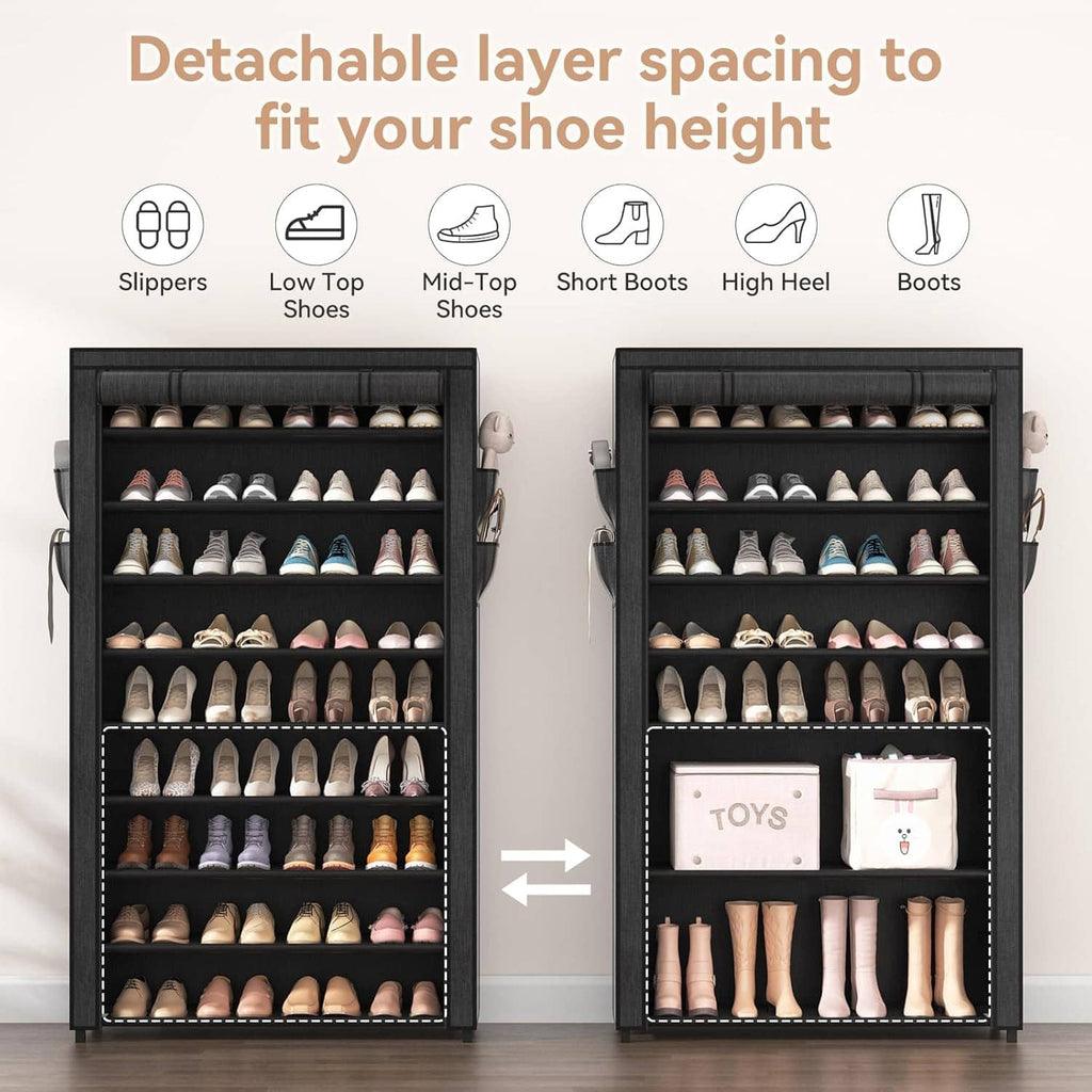 Black shoe rack with adjustable tier inserts, spaced compartments for slippers and high heels