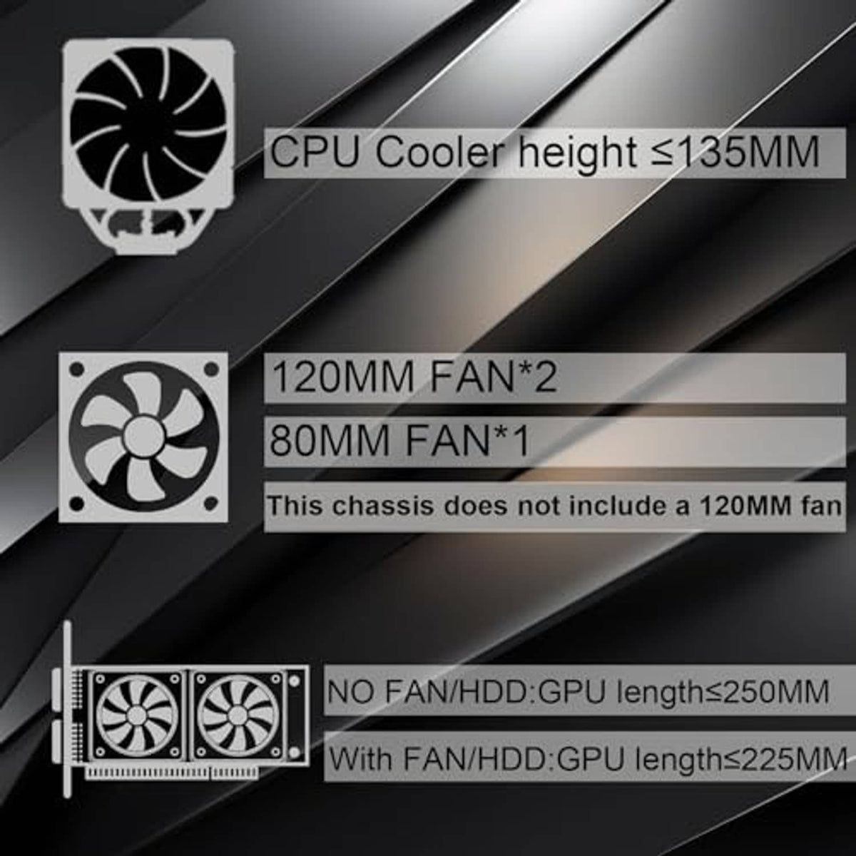 Black compact PC case with illustrated fan mount positions for 120 mm fans