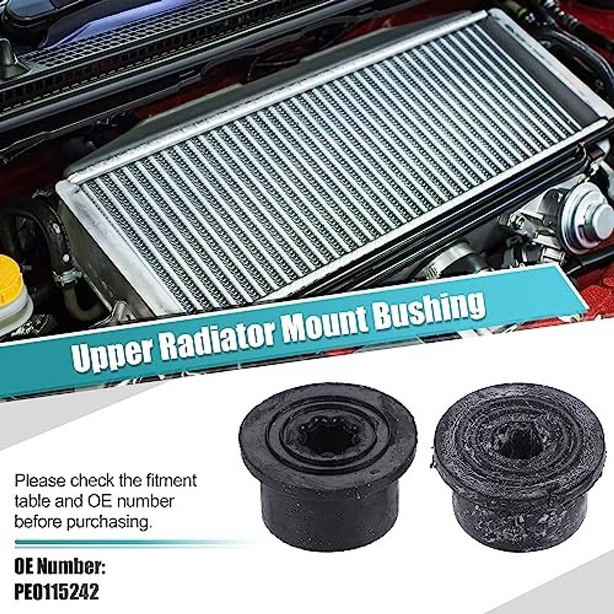 Pair of black rubber radiator mount bushings with circular outer rings and center holes.