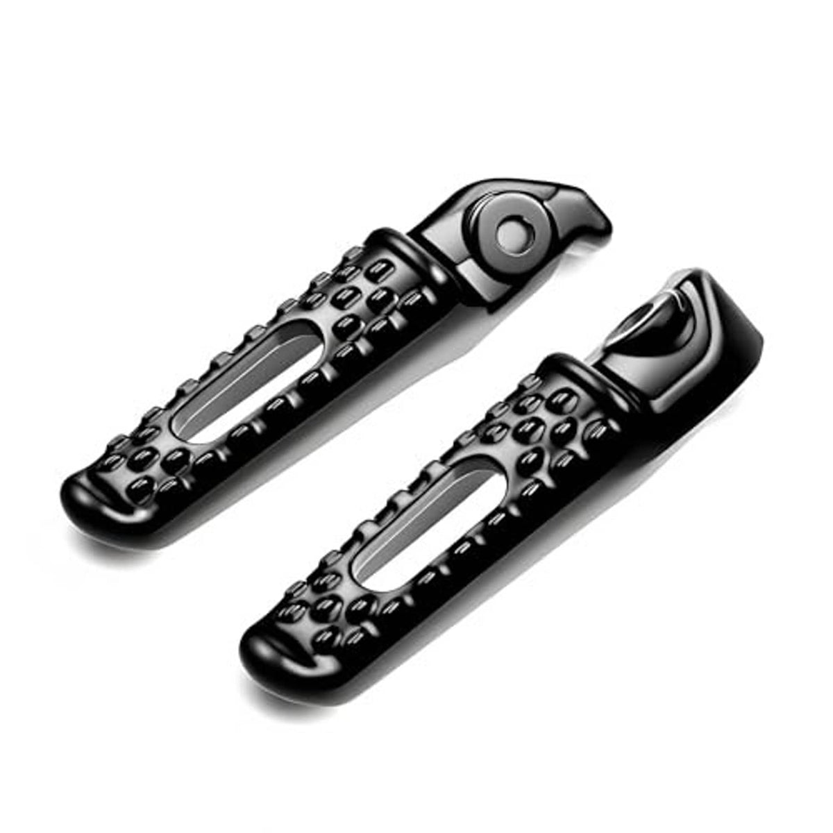 Black motorcycle foot pegs with textured grips and raised mounting cap detail