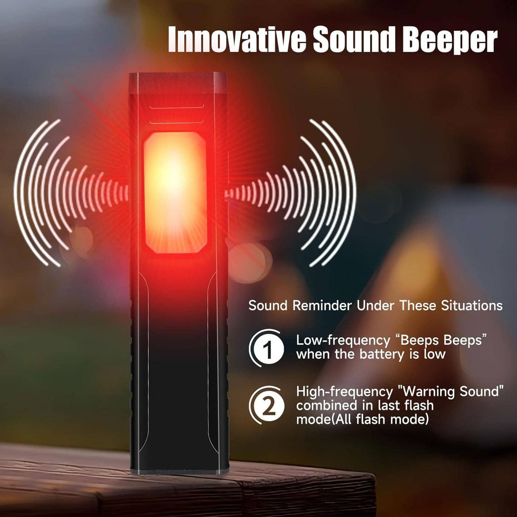 Rechargeable flashlight with red light glow and sound beeper speaker-wave effect