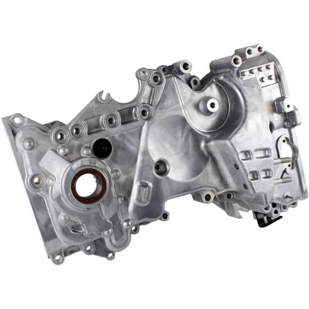 Silver engine oil pump timing chain cover housing with round openings and fasteners