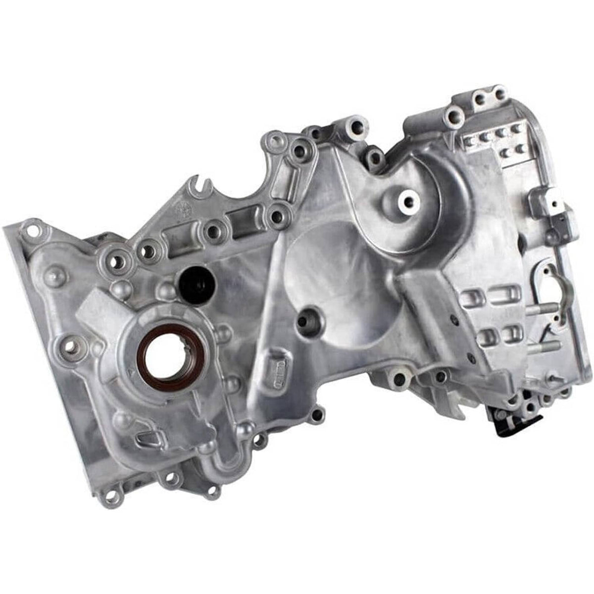 Silver engine oil pump timing chain cover housing with round openings and fasteners