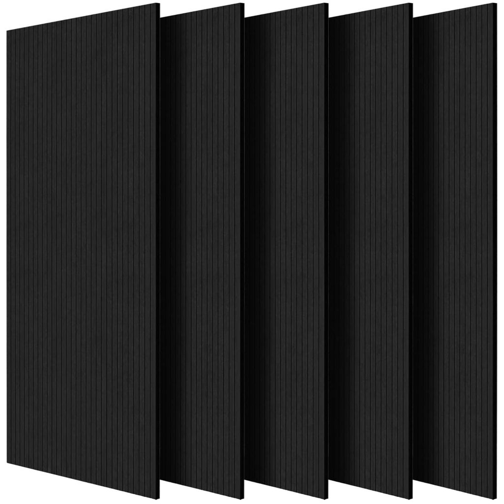 Set of five black acoustic wall panels with vertical ridged stripe texture, front view