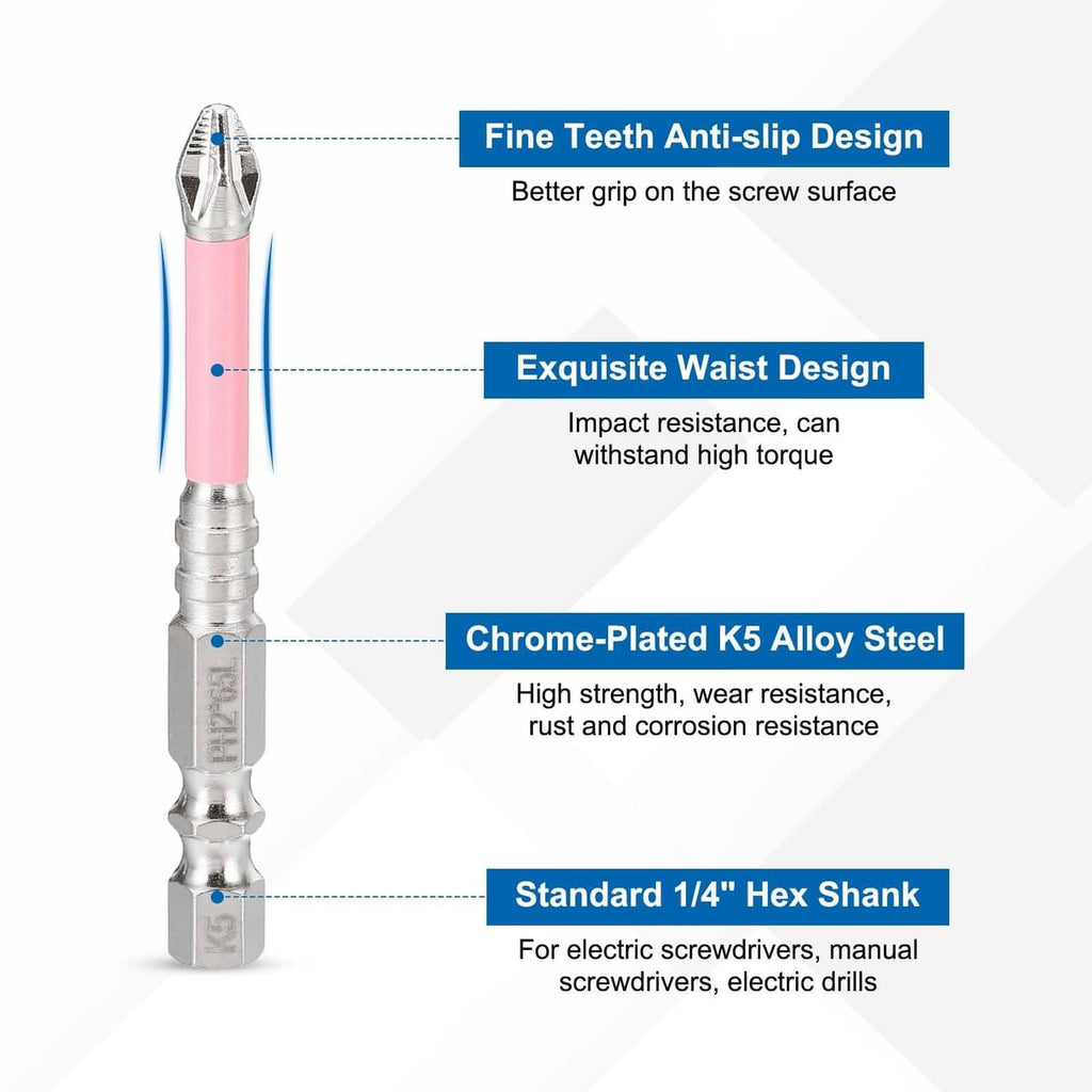 Phillips impact bit with pink shaft, fine anti-slip teeth, and 1/4 hex shank