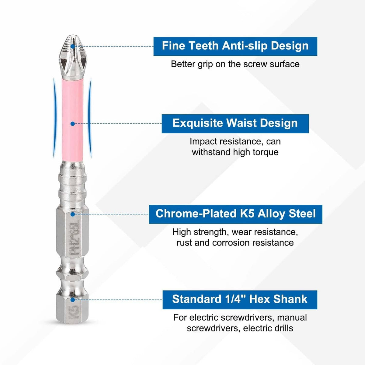 Phillips impact bit with pink shaft, fine anti-slip teeth, and 1/4 hex shank